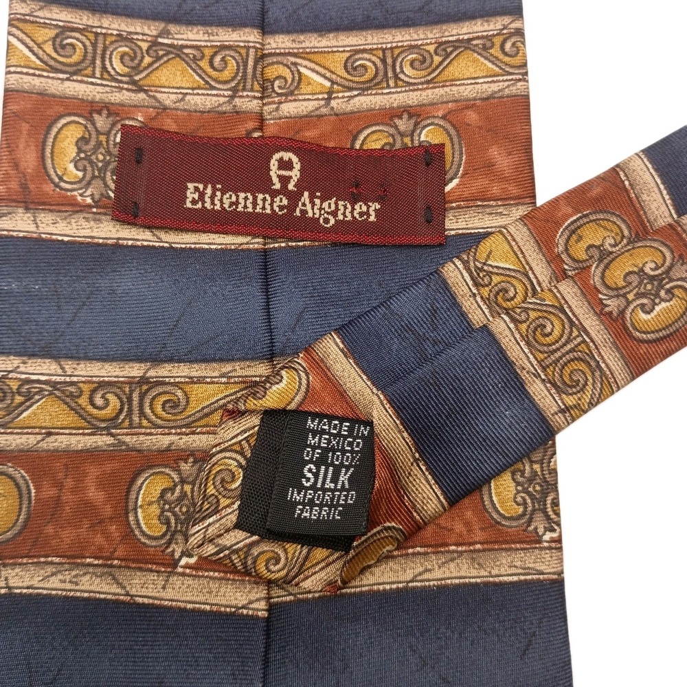 VTG Etienne Aigner‎ Mens Necktie Silk Blue Gold Stripe 90s Preppy